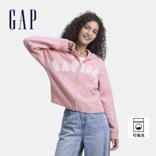 GAP 女裝 Logo刺繡連帽針織外套-粉色(639203)