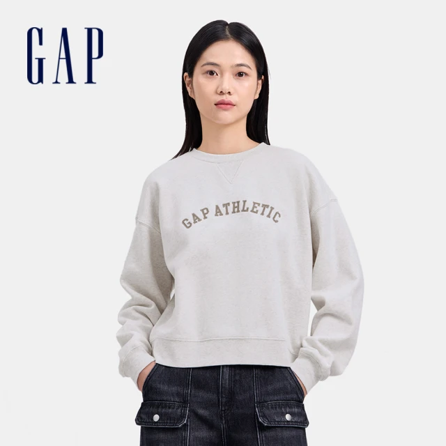 GAP 女裝 Logo刺繡刷毛圓領大學T 碳素軟磨系列-淺灰白(640898)