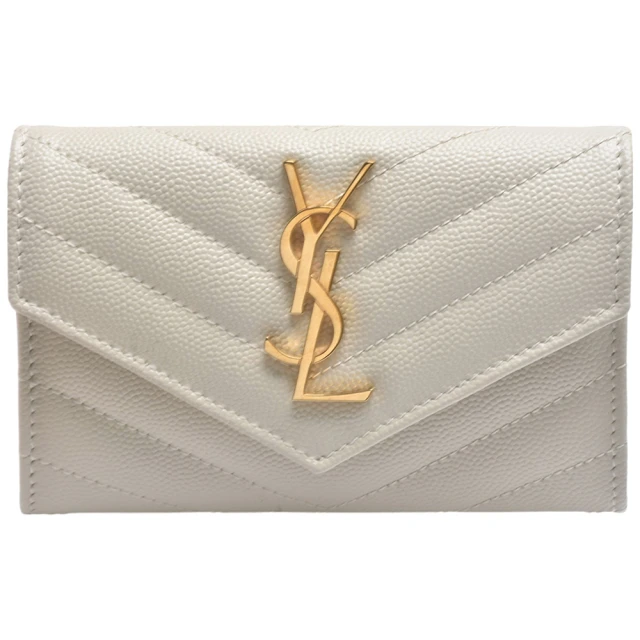 YSL MONOGRAM系列V字縫線牛皮金屬LOGO暗釦零錢包(白色414404-BOW01-9207)