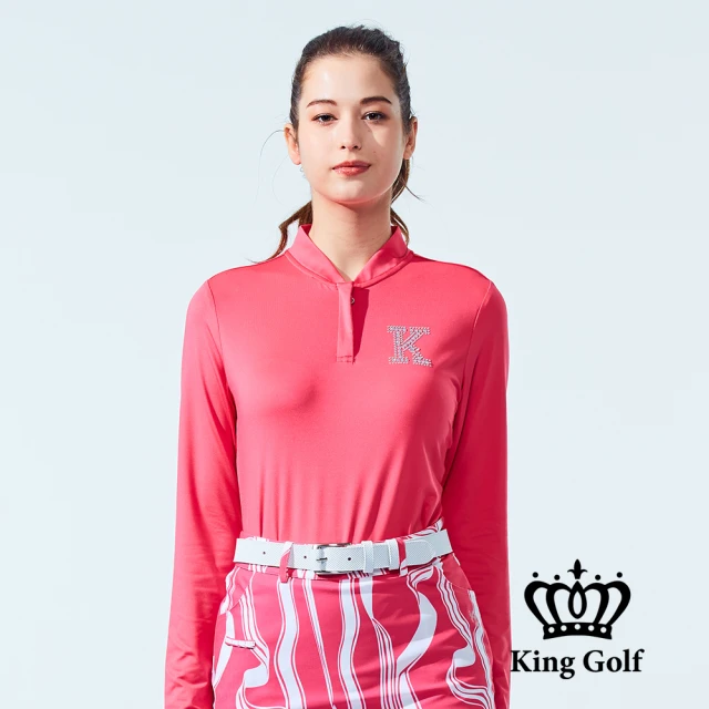 KING GOLF 網路獨家-女款素色立領拉鍊長袖上衣長袖POLO衫/高爾夫球衫(桃紅)