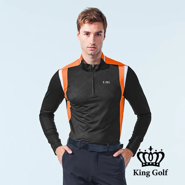 KING GOLF 網路獨家-男款雙色剪接暗格壓紋立領拉鍊長袖上衣POLO衫/高爾夫球衫(黑色)