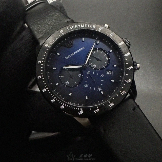 EMPORIO ARMANI ARMANI手錶型號AR00068(寶藍色錶面黑錶殼深黑色真皮皮革錶帶款)