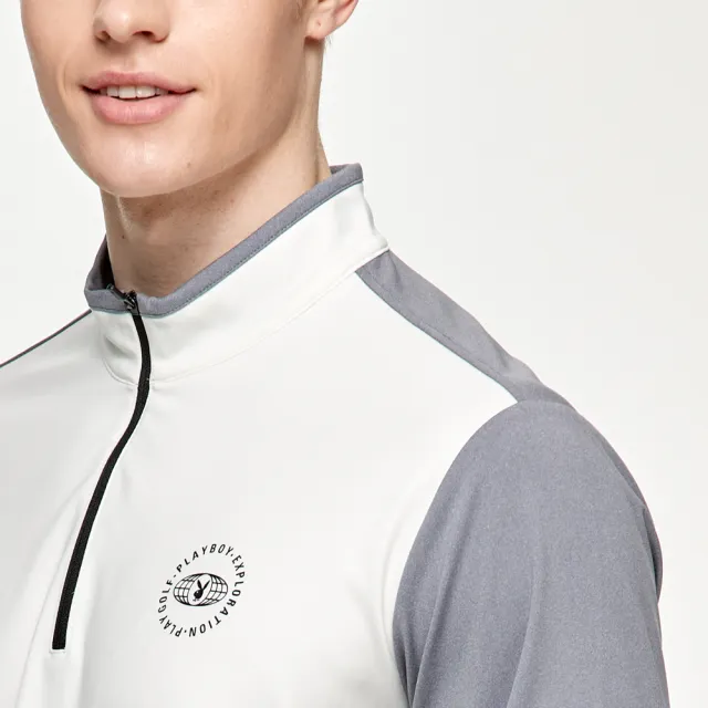 【PLAYBOY GOLF】男款運動學院風蓄熱保暖立領長袖上衣-白(吸濕排汗/GOLF/高爾夫球衫/AA24227-73)