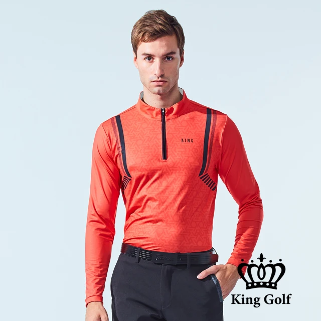 KING GOLF 網路獨家-男款線條感暗格印花立領拉鍊POLO衫/高爾夫球衫(橘色)