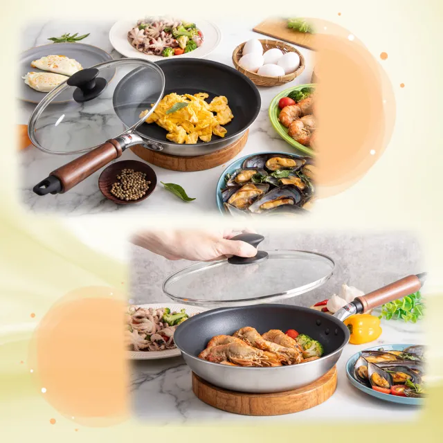 【hokua 北陸鍋具】日本製Plateado EM複合金不沾平底鍋26cm含蓋(可用金屬鏟/IH可用鍋)