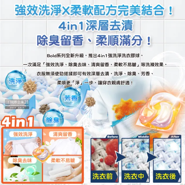 【日本P&G Bold Lenor】強洗淨4合1消臭柔軟香氛洗衣凝膠球65顆/袋(去黃亮白防霉直立滾筒式洗衣機筒槽)