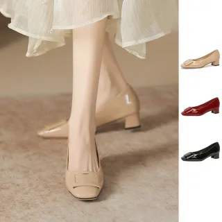 【J&H collection】法式氣質漆皮方頭粗跟女鞋(杏色／酒紅色 / 黑色)