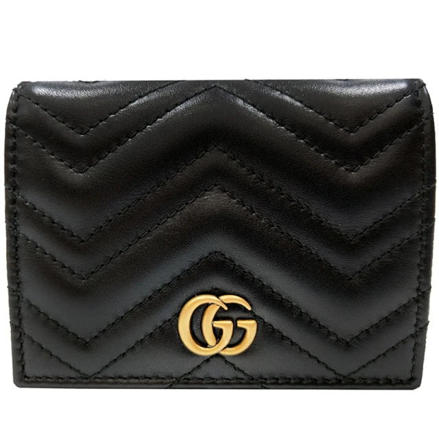 GUCCI 古馳 466492 經典GG Marmont matelasse系列絎縫紋牛皮金屬雙G LOGO暗釦短夾/零錢包(展示品-黑色)