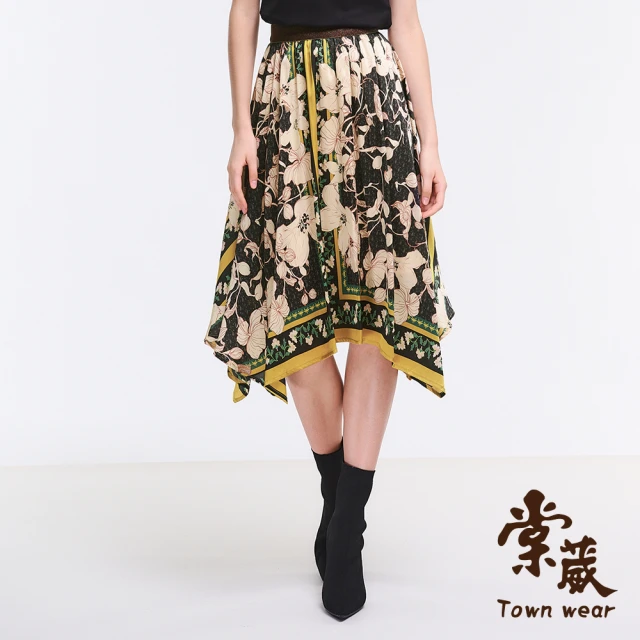 TOWN’WEAR 棠葳 典雅印花飄逸中長裙(中大尺碼/女下身/女下著/裙子/腰頭彈性/清涼/宴會/晚宴/拼接)