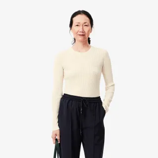 【LACOSTE】女裝-美麗諾羊毛針織圓領長袖毛衣(米色)