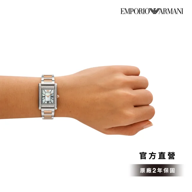 【EMPORIO ARMANI 官方直營】Genni 永恆榮耀環鑽女錶 玫瑰金色x銀色不鏽鋼鍊帶手錶32MM AR11626