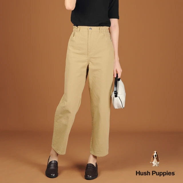 Hush Puppies 女裝 長褲 素色品牌織帶腰鬆緊休閒寬褲(卡其色 / 44221103)