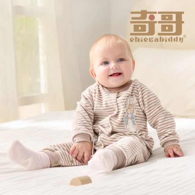 【奇哥】比得兔 嬰幼童裝 千鳥比得條紋長袖兔裝/連身衣(3-6個月)