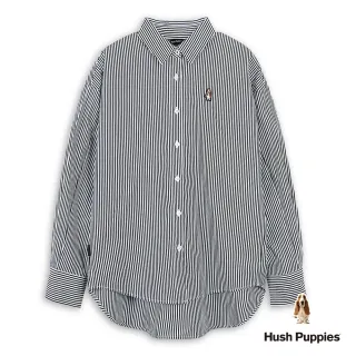 【Hush Puppies】女裝 襯衫 知性直條紋刺繡小狗落肩長袖襯衫(黑色 / 44212104)