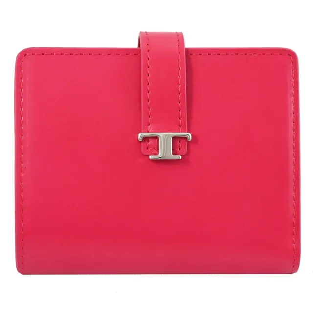 【TOD’S】TODS T Timeless 金屬T LOGO小牛皮扣式零錢中夾(亮桃)