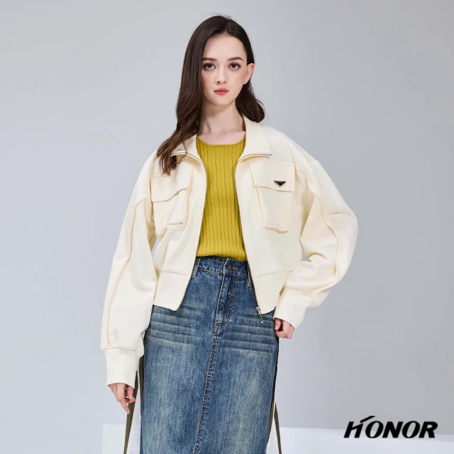 HONOR 山形屋 縮口翻領三角標誌拉鍊短版外套-米白