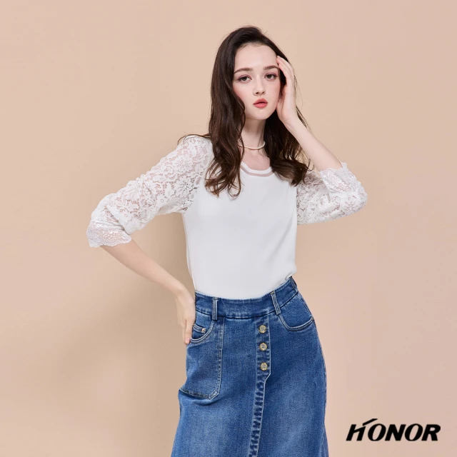 HONOR 山形屋 雕花簍空七分袖圓領上衣-白/黑