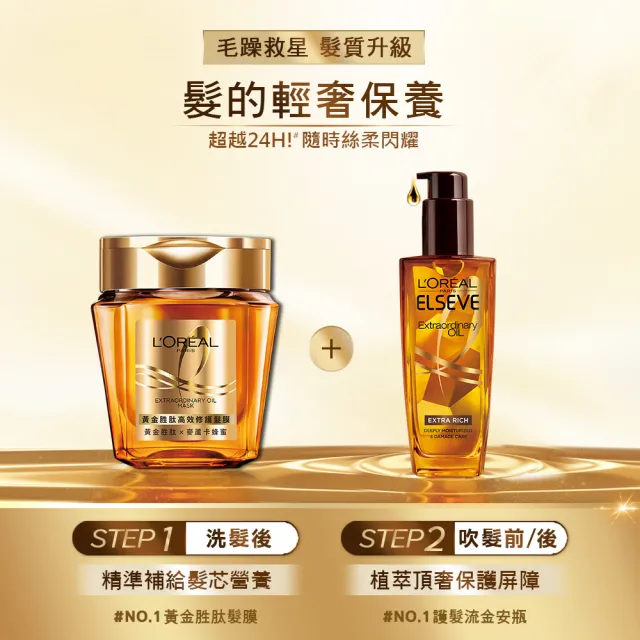 【LOREAL Paris 巴黎萊雅】全新升級 金緻護髮精油2入組100ml-金/棕任選(NO.1髮油)