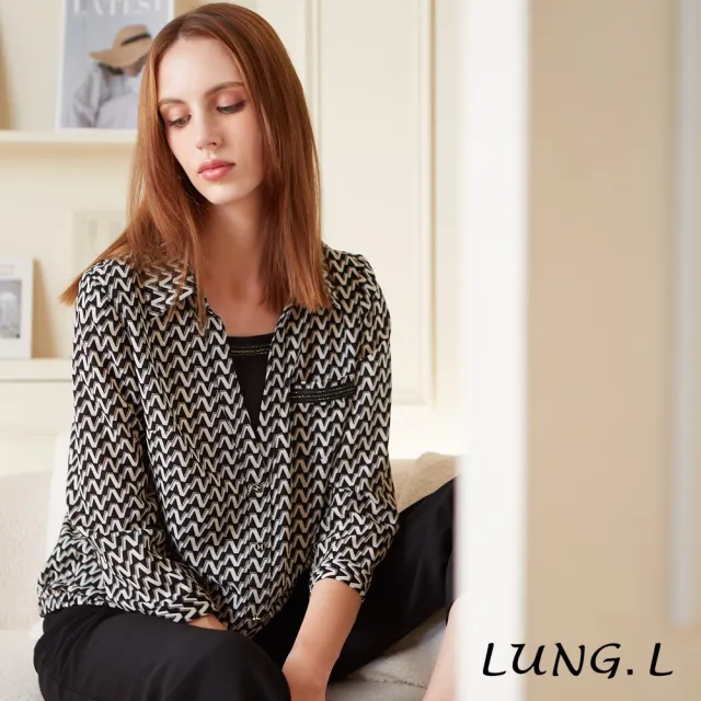 【LUNG.L 林佳樺】LQ28A黑色滿版N字母印花假兩件七分袖女裝上衣(秋冬新品)