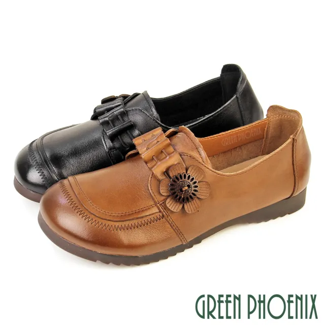 【GREEN PHOENIX 波兒德】女鞋 休閒鞋 便鞋 娃娃鞋 媽媽鞋 平底鞋 全真皮 柔軟(棕色、黑色)