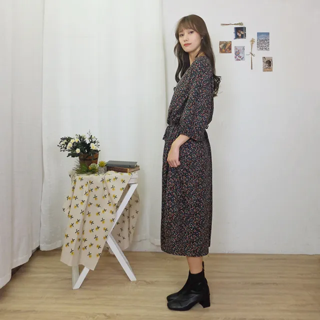 【Hana Mokuba】花木馬日系女裝圓領七分袖寬鬆碎花綁帶收腰洋裝(洋裝)