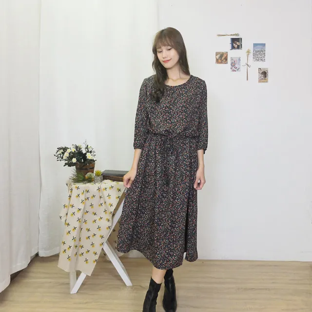 【Hana Mokuba】花木馬日系女裝圓領七分袖寬鬆碎花綁帶收腰洋裝(洋裝)
