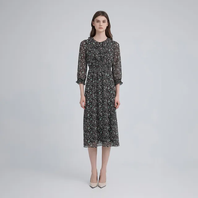 【ILEY 伊蕾】荷葉造型雪紡長洋裝(黑；M-XL；1243027424)
