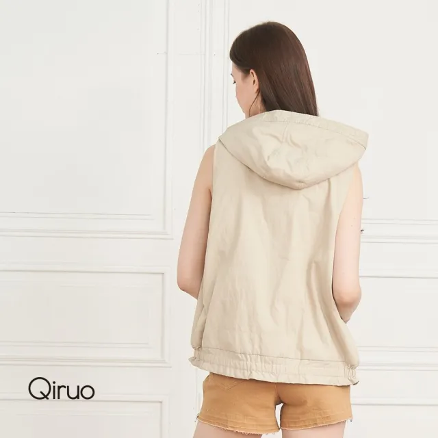 【Qiruo 奇若名品】秋冬專品米色連帽背心8171D 素色保暖 