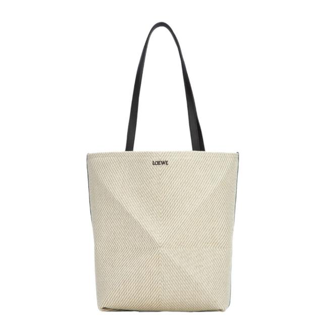 【LOEWE 羅威】Puzzle Fold Tote 中款 緹花織棉質 折疊 托特包 淺米色 自然色