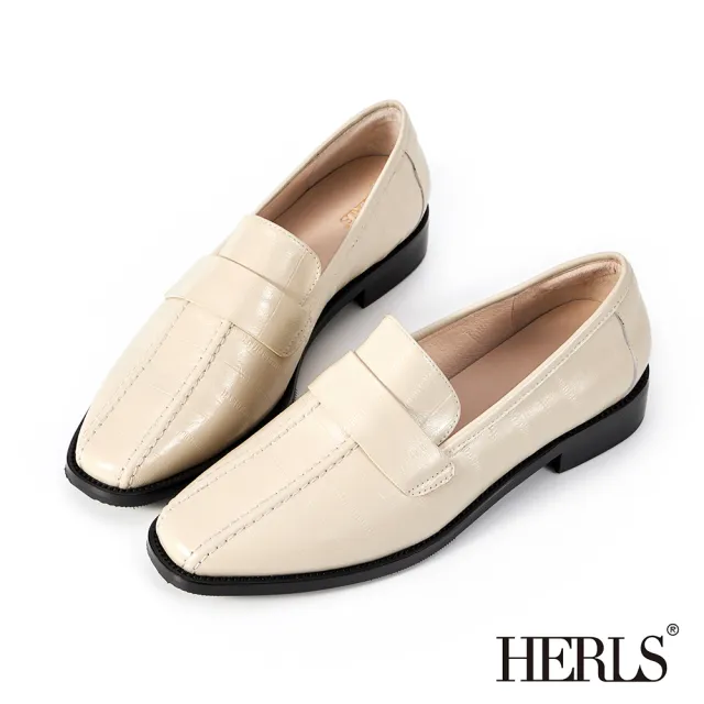 【HERLS】樂福鞋-全真皮立體抓褶車線壓紋方頭樂福鞋(米白色)