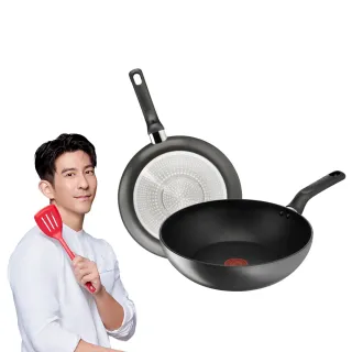 【Tefal 特福】亞維儂系列鈦合金28CM不沾鍋雙鍋組-平底鍋+炒鍋(不挑爐具、IH爐可用鍋)