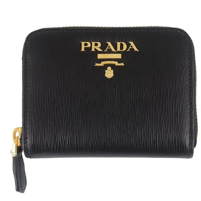 PRADA 普拉達 品牌標誌直紋皮革拉鍊卡夾零錢包(黑色/4卡)