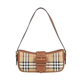 【BURBERRY 巴寶莉】BURBERRY SLING復古格紋印花PVC拼小牛皮吸釦式拉鍊肩背包(典藏米x石楠棕)