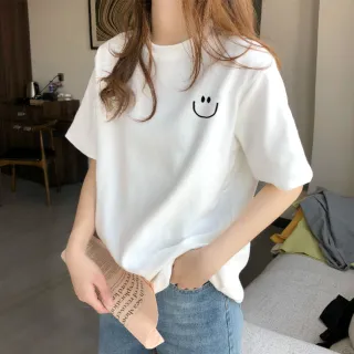 【LEESA】純棉短袖\打底衫\寬版\t恤\圓領上衣\笑臉上衣\上衣\女生上衣\寬版T恤\美式上衣