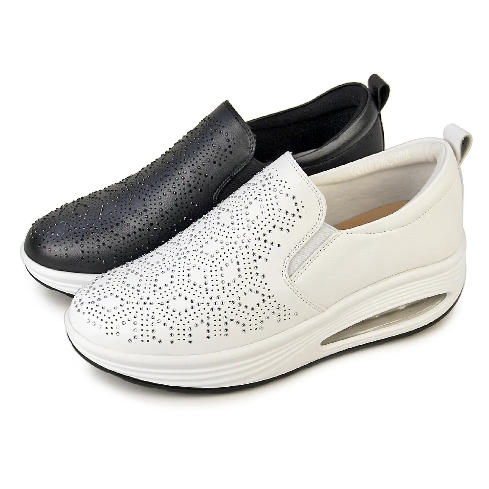 【GREEN PHOENIX 波兒德】女 運動鞋 健走鞋 懶人鞋 氣墊 水鑽 彈力 紓壓 真皮(白色、黑色)