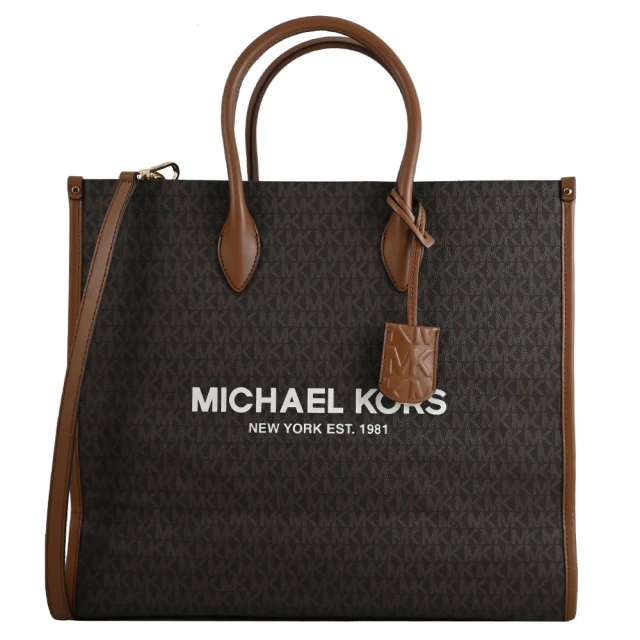 Michael Kors MIRELLA 經典MK印花拼接手提超大旅用包兩用包托特包(深咖)