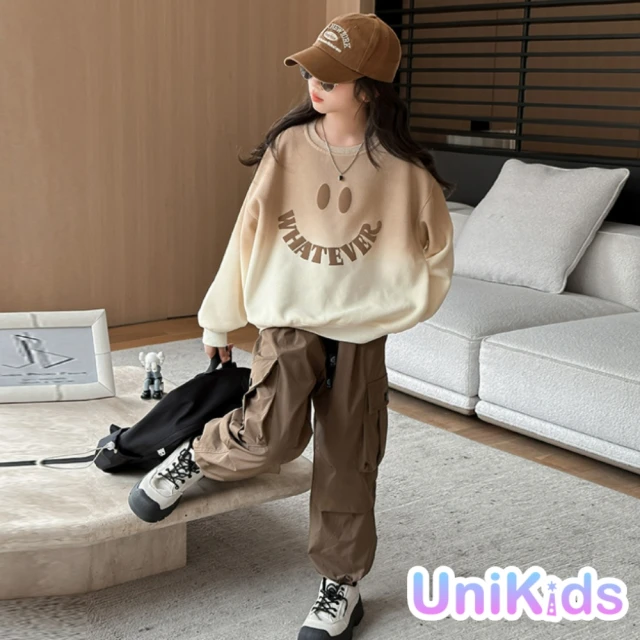 UniKids 中大童2件套裝笑臉長袖T續工裝長褲 女大童裝 VPMT9005(兩件套)