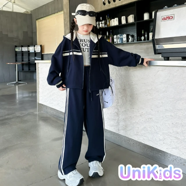 UniKids 中大童2件套裝撞色長袖連帽外套運動長褲 女大童裝 VP77-2-221(藏青)