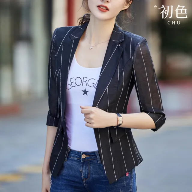 【初色】條紋西裝領翻領七分袖薄款修身西裝外套女外套-共3色-37701(M-3XL可選)
