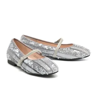 【MELROSE】美樂斯 輕奢閃耀亮片布瑪莉珍方頭娃娃低跟鞋(灰)