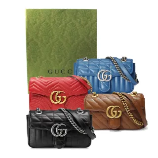 【GUCCI 古馳】446744 經典Marmont系列復古金釦/銀釦翻蓋斜背鍊包(多款任選-22cm)