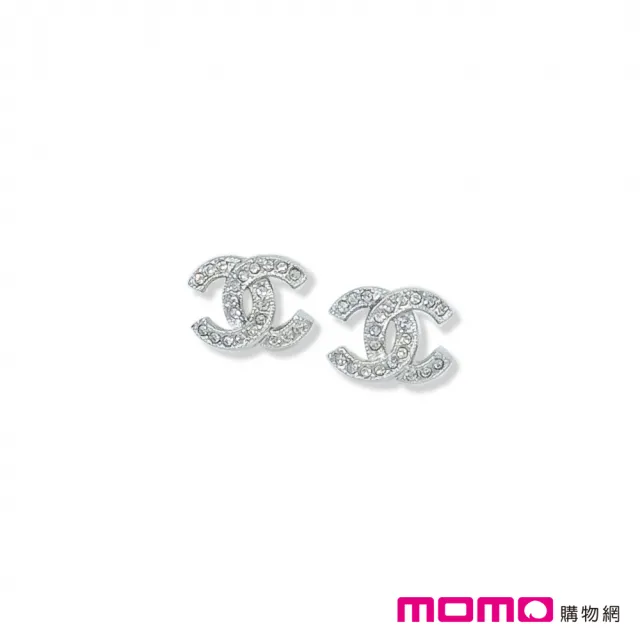 【CHANEL 香奈兒】針式耳環(經典款 滿鑽小雙C 白金色)
