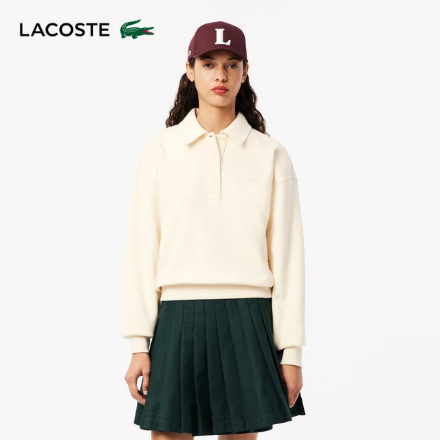 LACOSTE 女裝-刺繡Polo衫領長袖運動衫(米色)