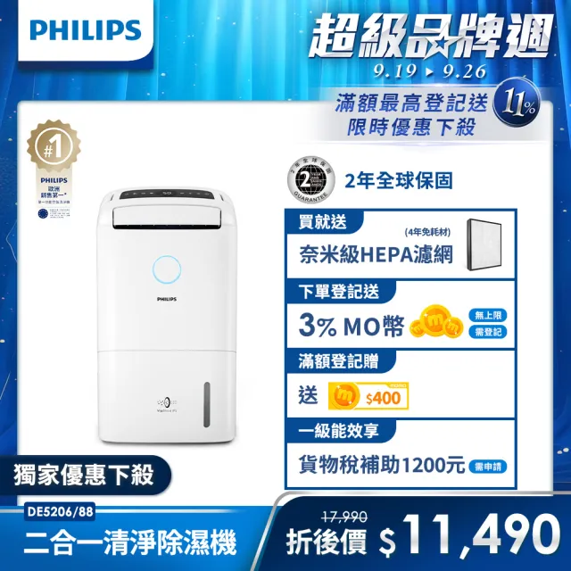 【Philips 飛利浦】13公升★一級能效清淨除溼機(DE5206/88雲朵白)