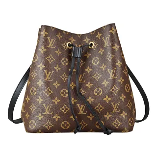 【Louis Vuitton 路易威登】M44020 經典Monogram花紋NeoNoe系列牛皮鑲飾束口斜背水桶包(黑)