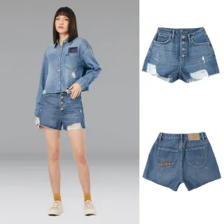 【Lee 官方旗艦】女裝 牛仔短褲 / 高腰 排釦刷破 中藍洗水 / 101+ 系列(LL220149280)