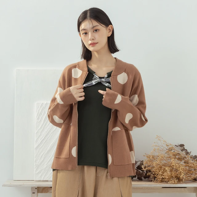 MOSS CLUB 立體編織撞色條紋圓領無袖針織背心(杏 咖