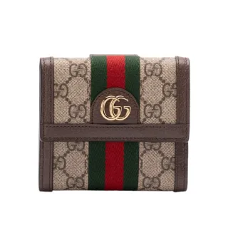 【GUCCI 古馳】Ophidia French Flap 法式翻蓋 帆布 牛皮飾邊 零錢包 卡夾 短夾 米色 烏木色 523173