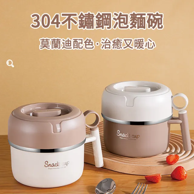 【MUAN】304不鏽鋼大容量雙層隔熱泡麵碗 2100ml(學生宿舍便攜防燙快餐杯 帶蓋大飯盒 湯碗 便當盒)