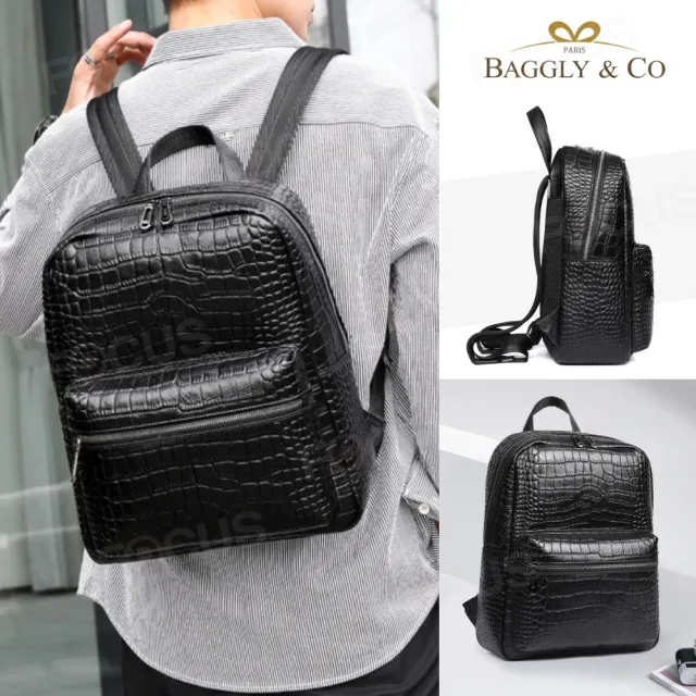 【BAGGLY&CO】雙11 真皮 史特拉鱷魚壓紋頭層牛皮男士後背包(真皮包包 防輕潑水包 商務包 頭層牛